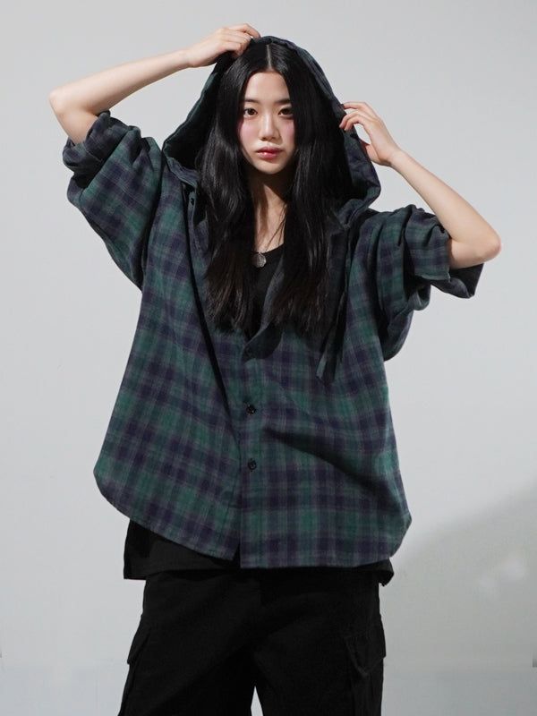 KIXI（キッシー）の「(UNISEX) Vintage Check Hood Shirt（Tops）」