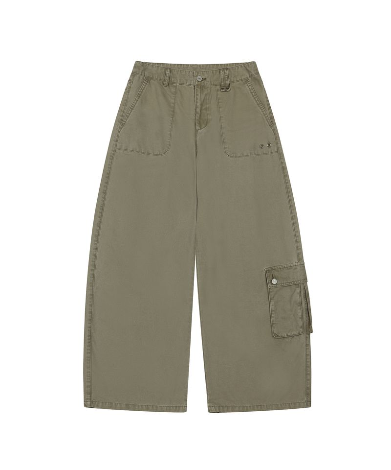 Washed Pocket Semi Wide Cotton Pants - BEIGE