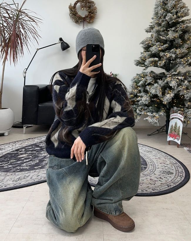 Ruel Argyle Mohair Knit Zip-Up