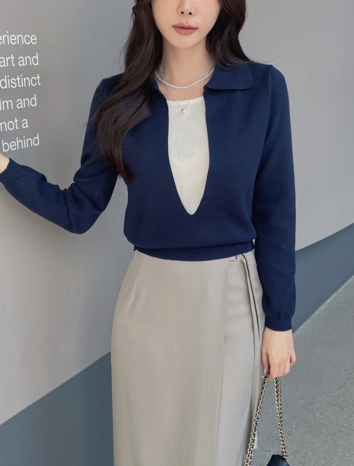 Mez Color Matching Layered Collar Knit