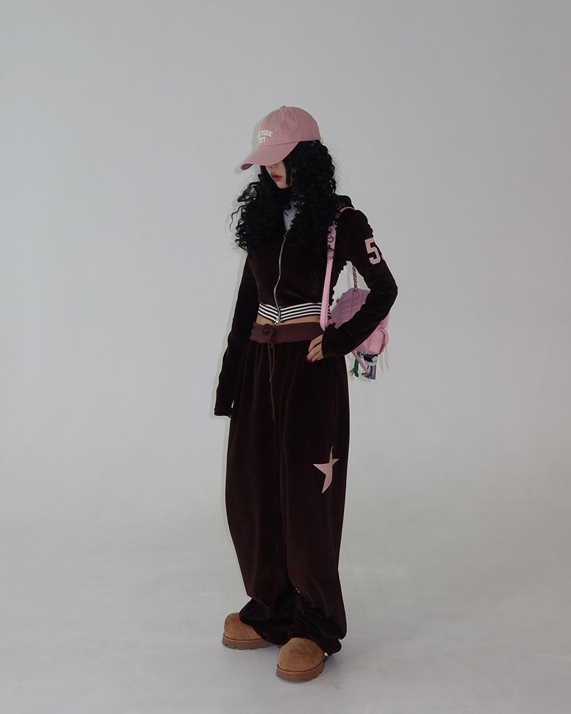 Patch Velvet Slim Hoodie Zip-Up