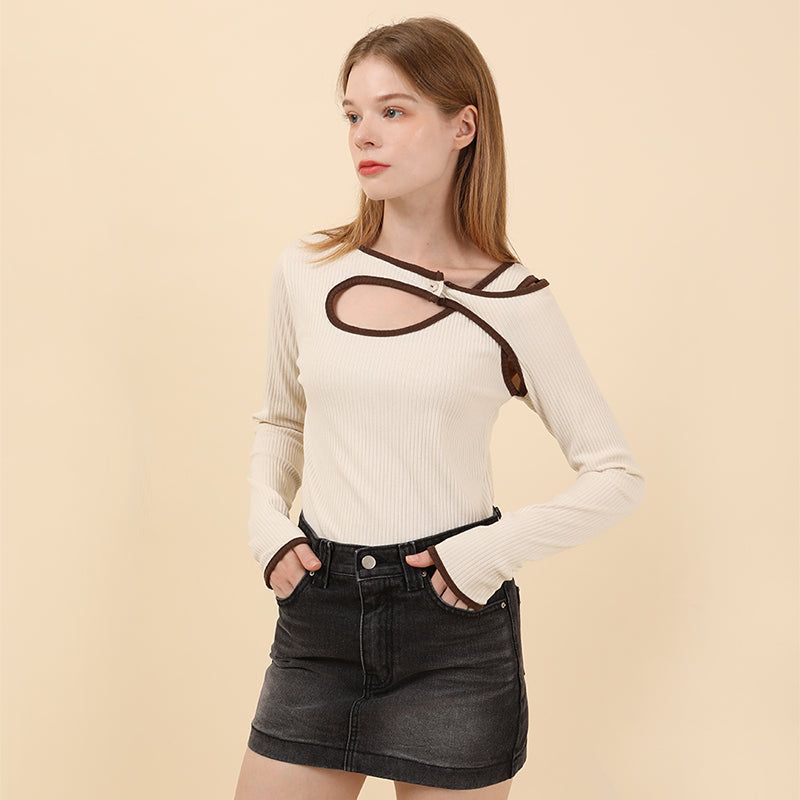 cattline(カトリーヌ)の「Line Contrast Slim T-shirt Beige(Tops)」