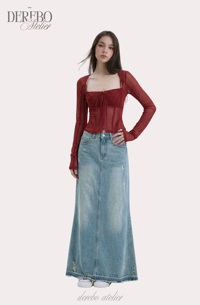 red square chiffon long-sleeve blouse