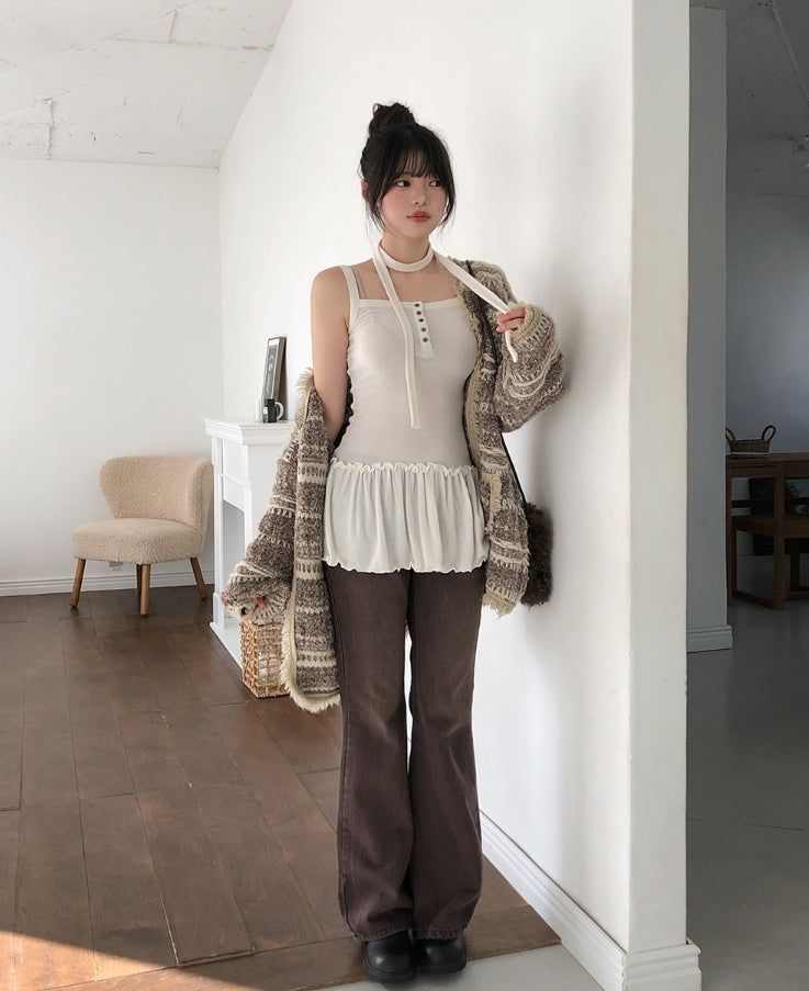 Tiz Button Ruffle Layered Sleeveless Scarf Set