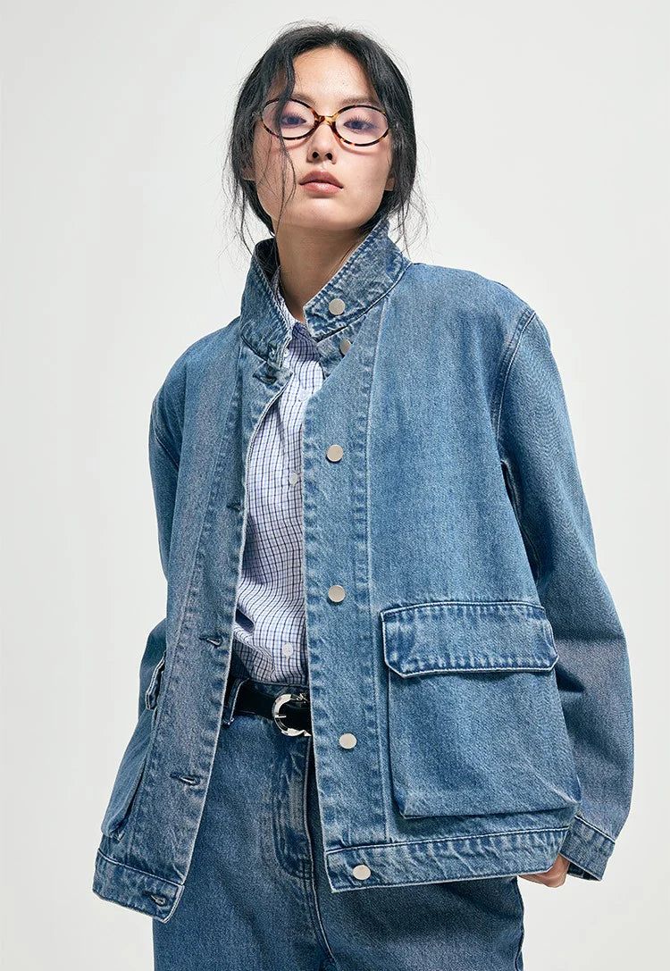 X Stand-collar denim jacket