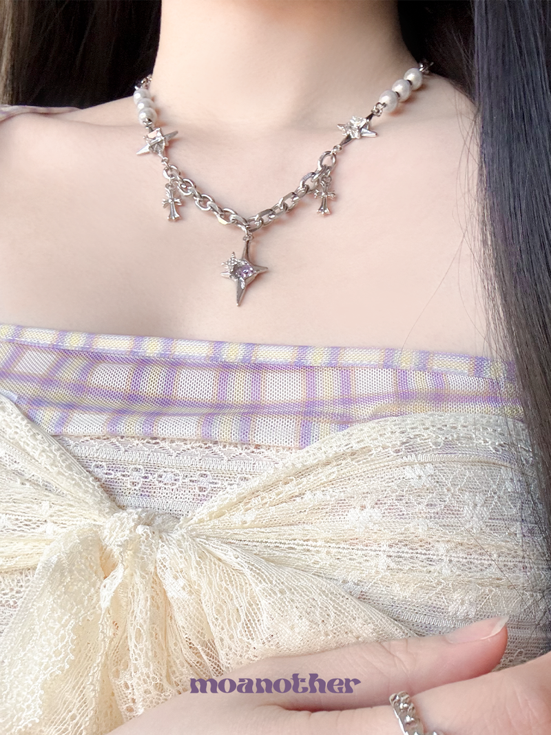 [Surgical Steel] パールクロスキュービックネックレス