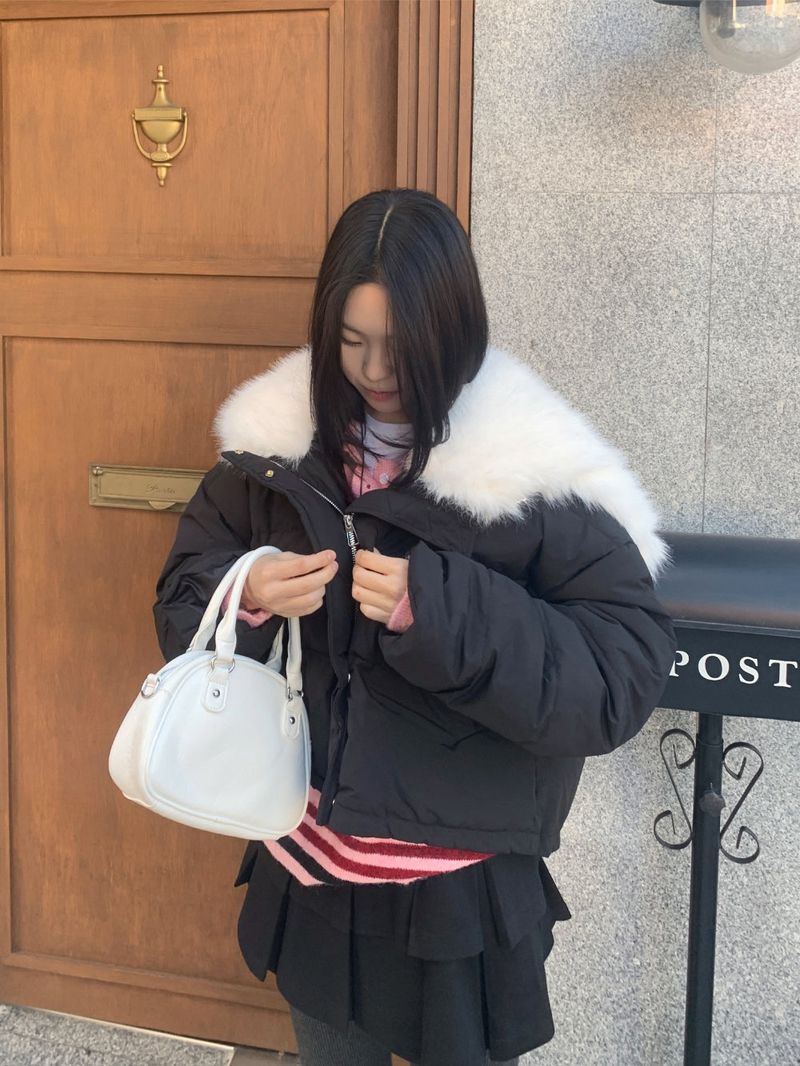 Ice Bloom Fur-Collar Duck Down Short Puffer