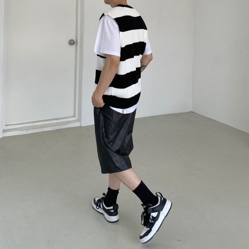 Stripe round neck knit vest 2C