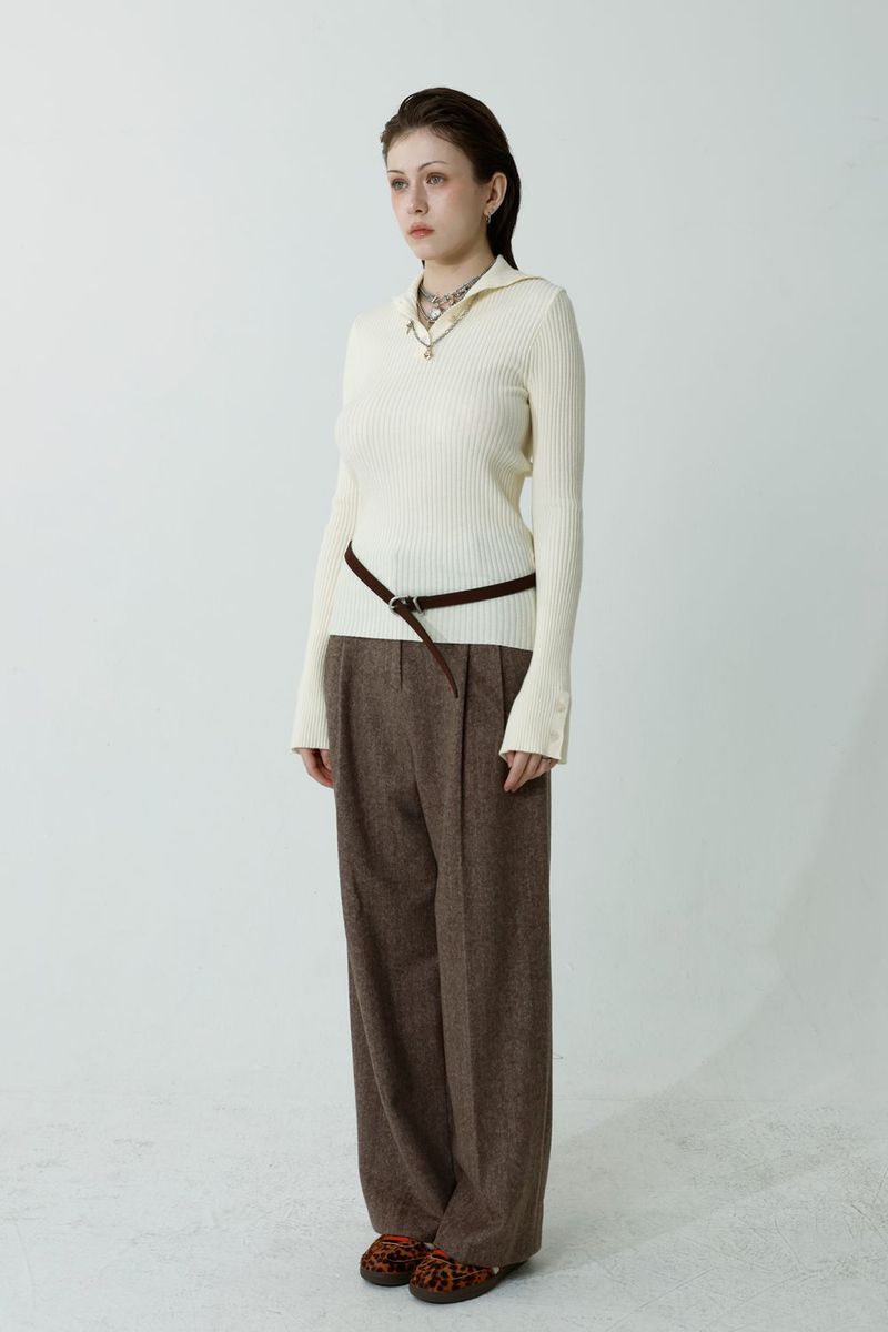 HERRINGBONE WOOL SLACKS PANTS_BROWN