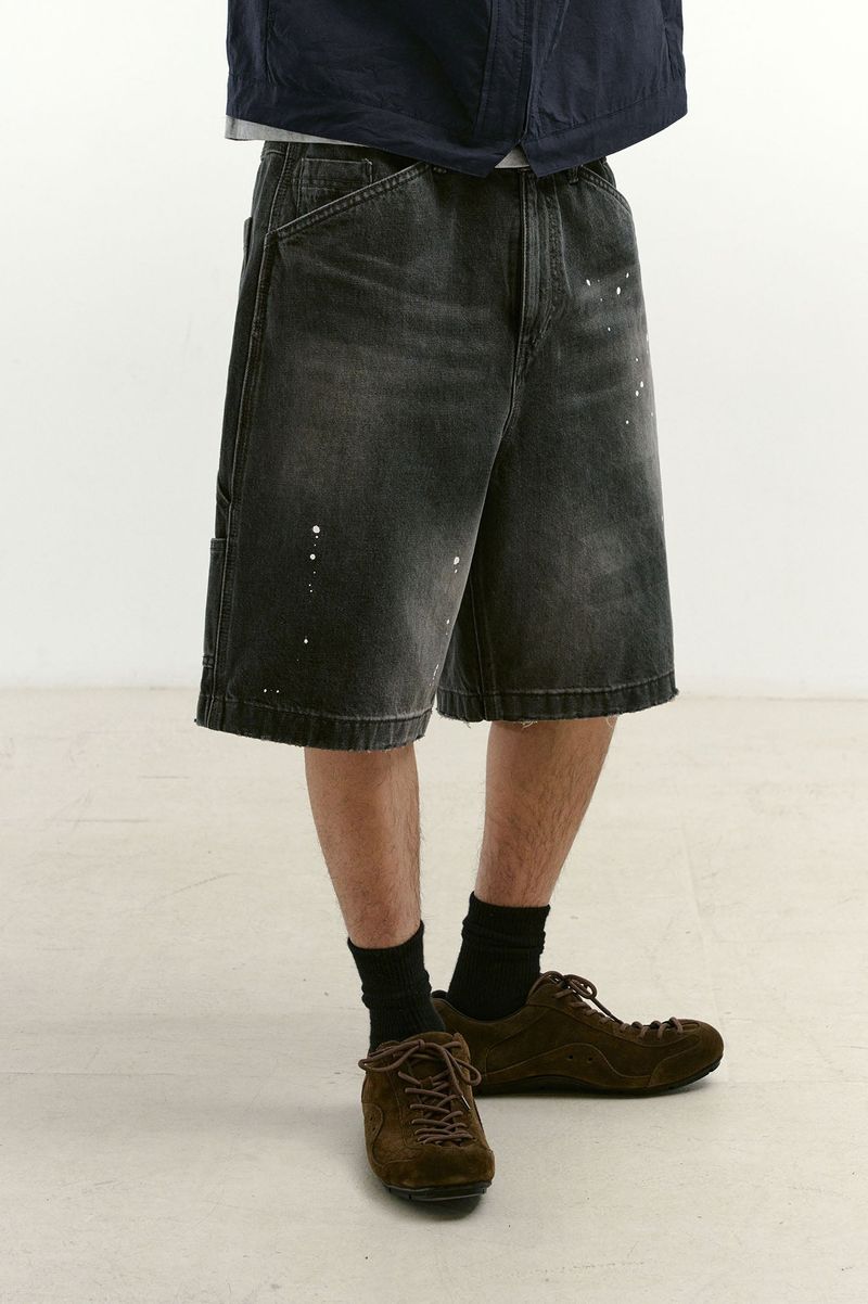 Aged Splatter Carpenter Denim Shorts(Washed Black)