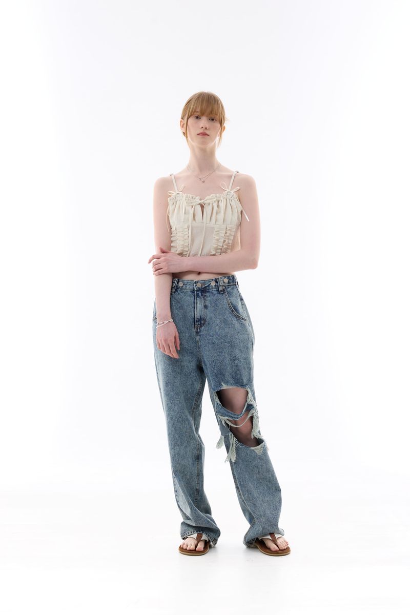 CHARMING DAMAGE WIDE DENIM PANTS