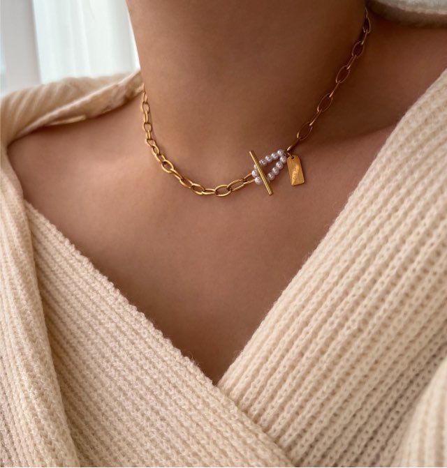 jum Pearl Guest Look Toggle Bar Bold Short Chain Necklace
