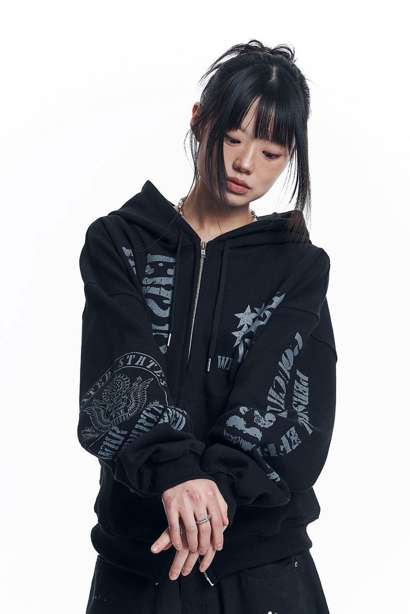 Marine Crack Print Hooded Zip-Up - Black