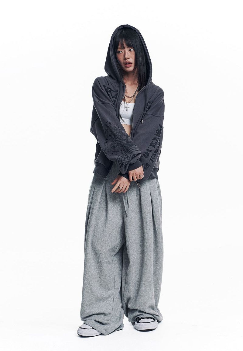 Marine Crack Print Hooded Zip-Up - Charcoal