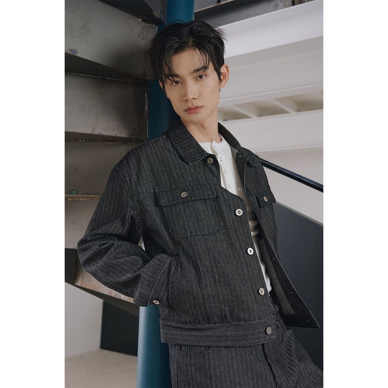 Stripe corduroy trucker denim jacket(Black)