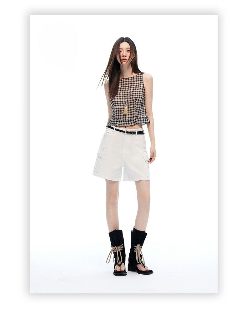 Mid Rise White Cargo Wide Leg Bermuda Shorts
