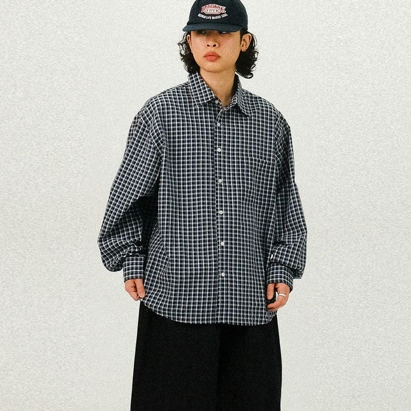 SEMIKAJI（セミカジ）の「 NOF リンクルチェックオーバーフィットシャツ（トップス）」