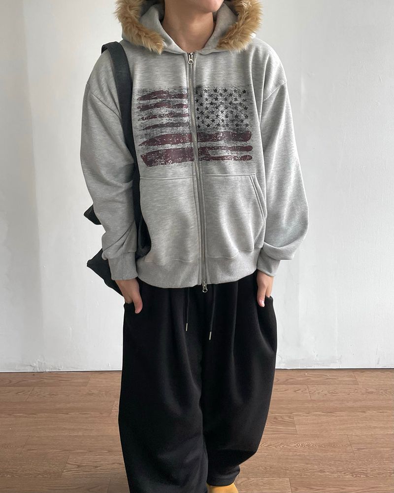 Flag Crop Napping Zip-up Hoodie