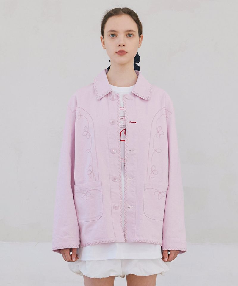 Floral Stitch French Work Jacket - Light Pink