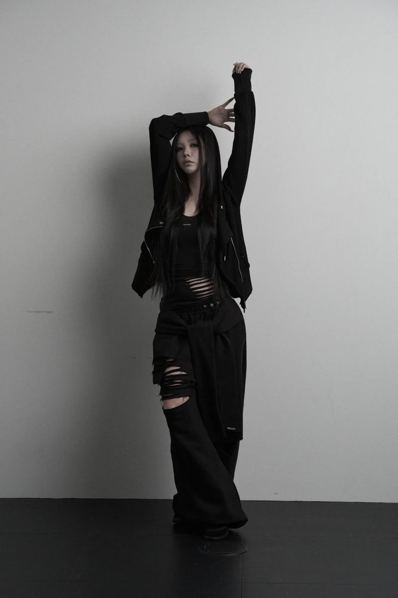 [label] layered tie damage wide pants (black)