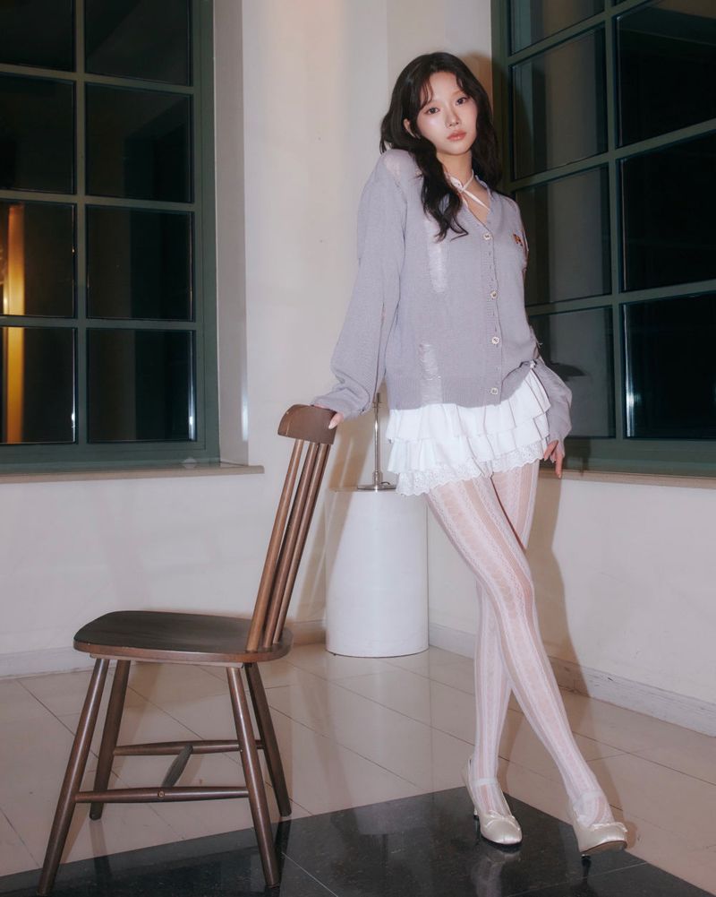 Bloom emblem demage Knit Cardigan