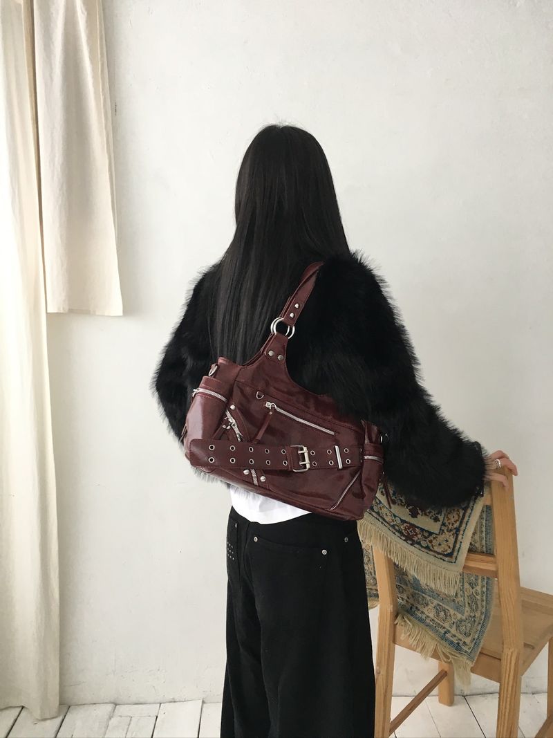 Belt Stud Accent Leather Crossbody Shoulder Bag