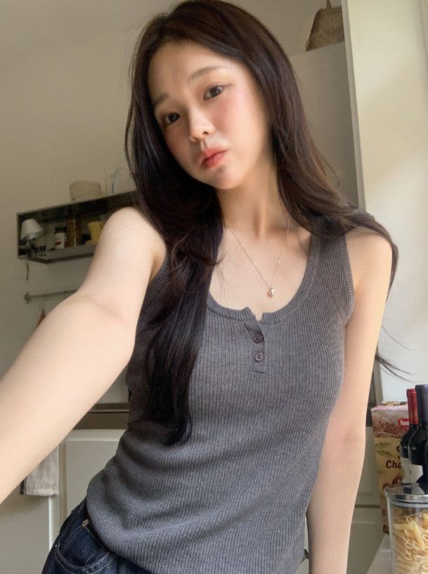 #Button Point Rib Sleeveless (3color)