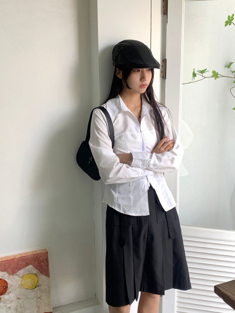 Philty strap cut-out zipper collar zip-up shirt jacket