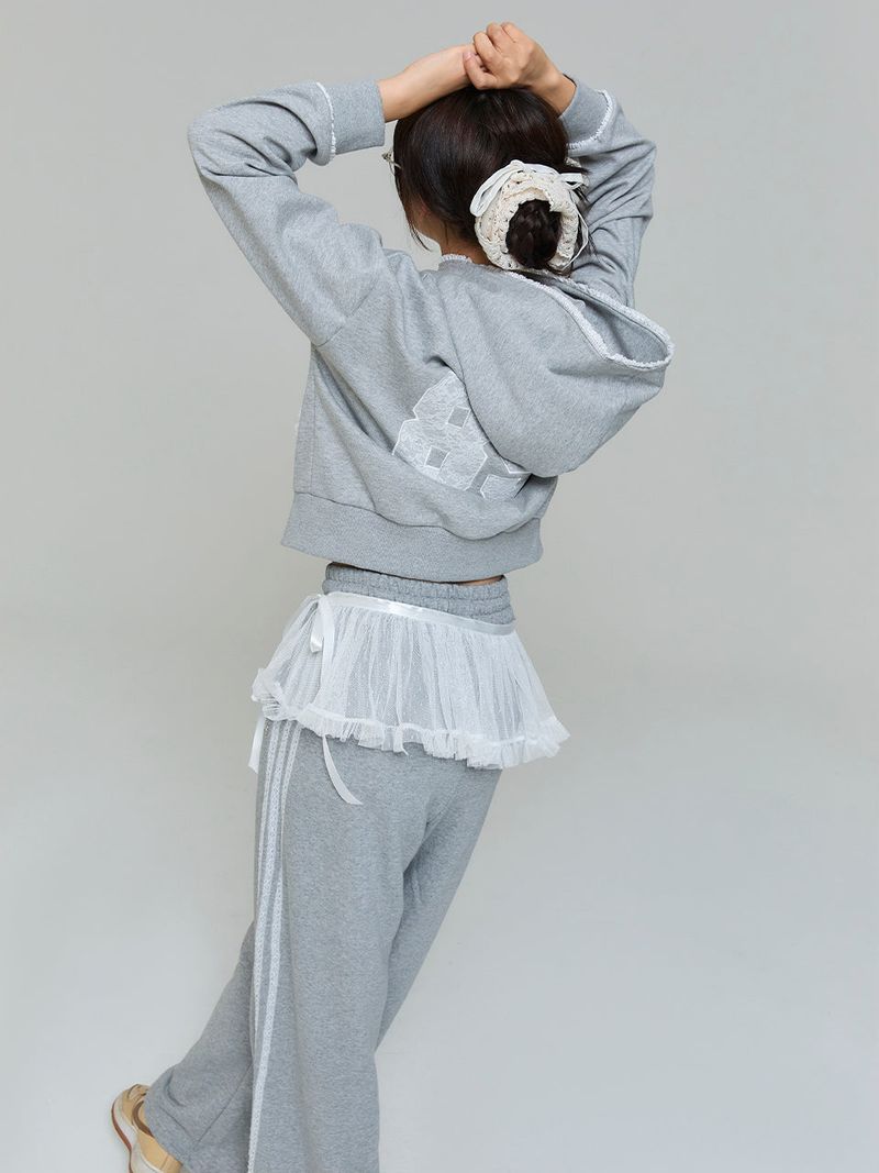 LACE APPLIQUE HOOD ZIP-UP - GRAY