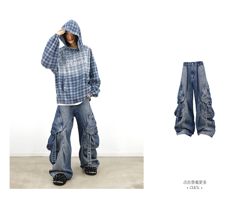 RELABEL (Gemeng) Stud-embellished, printed, gradient-wash checked hooded denim sweatshirt