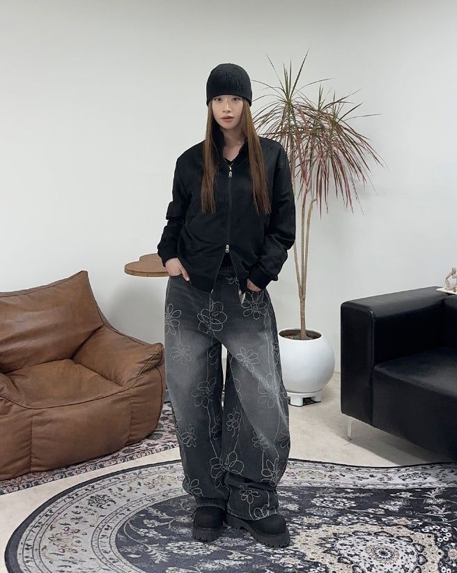 Luton Drawing Flower Denim Pants
