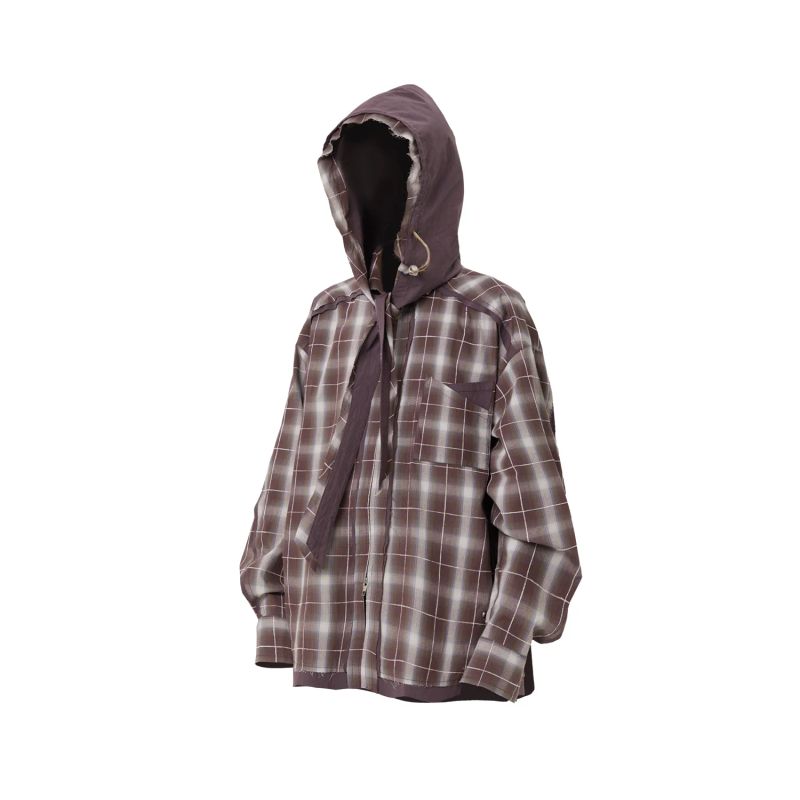 RELABEL(DIGGER Transition) detachable changeable raw-edge checkered hood with ruffles and pleated zipper loose shirt