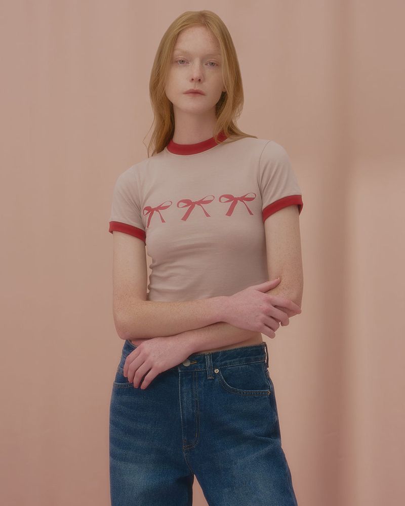 TRIPLE RIBBON RINGER TSHIRT-BEIGE