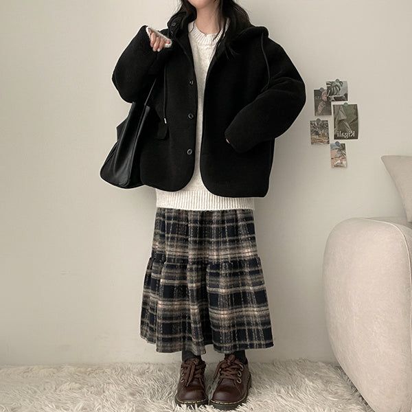 Saty High Neck Wool Hooded Jacket