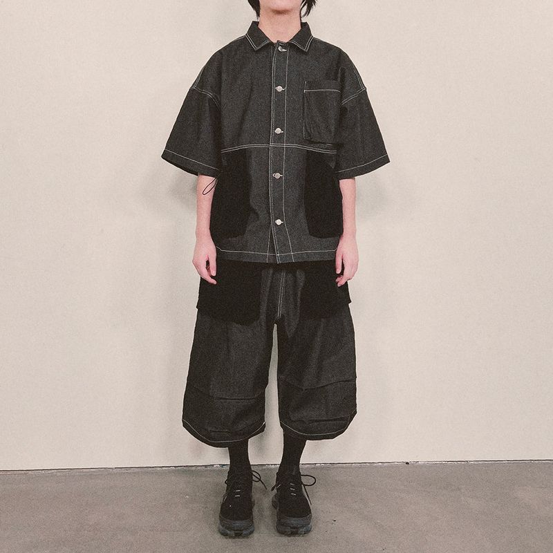 reverse terry pocket denim shortsleeve shirt_black