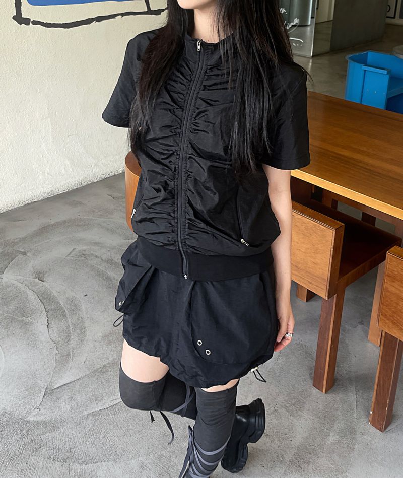 Wind high neck shirring short-sleeved jumper