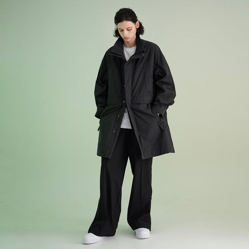 Poly Cotton RIB Double Placket Long-Jacket - BLACK