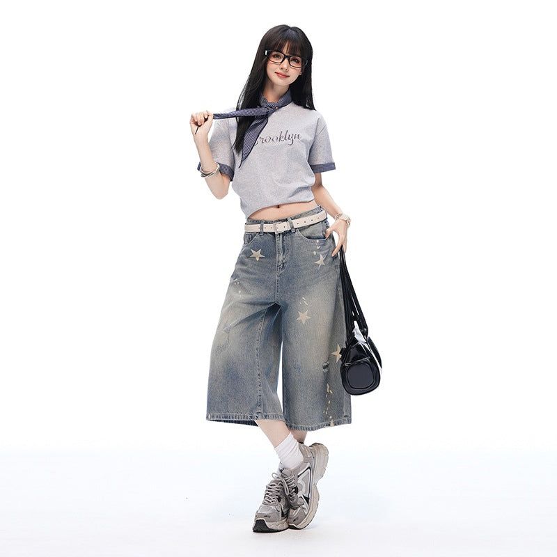 ヴィンテージスター プリントウォッシュド ワイドクロップドデニムパンツ