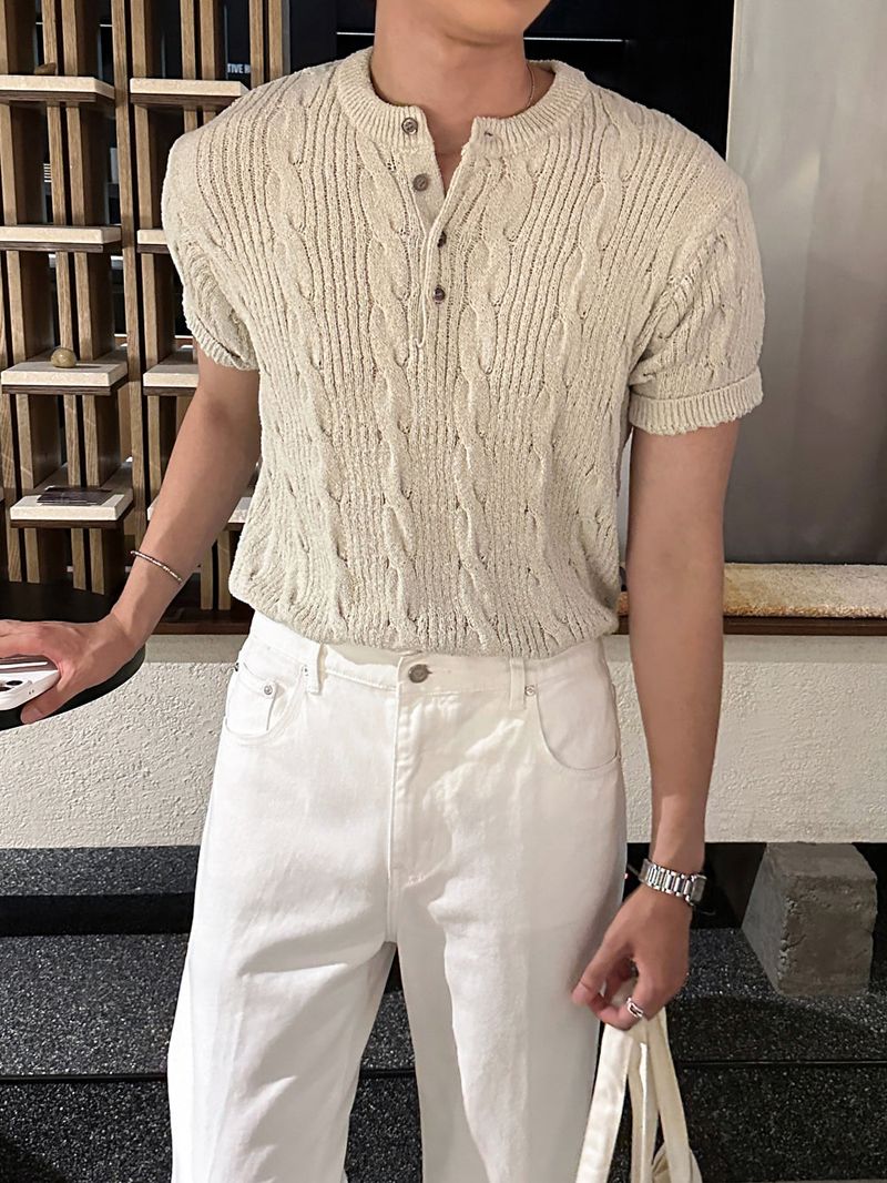 lemenne(ルメンヌ)の「LMN Sensitive Twisted Buckle Henley Neck Short Sleeve Knitwear (5 colors)(Tops)」