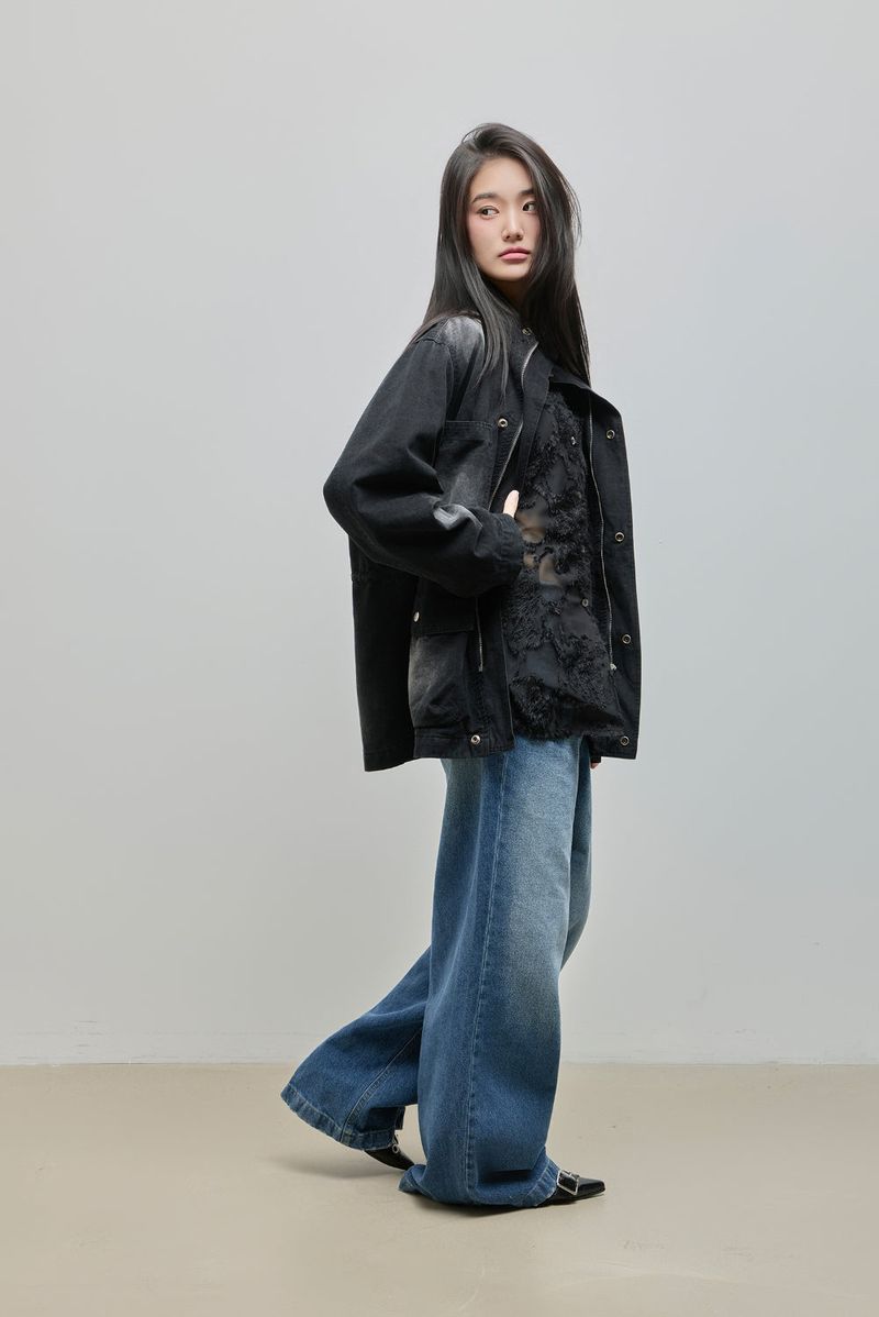 Washed High-Neck Field Jacket_Black