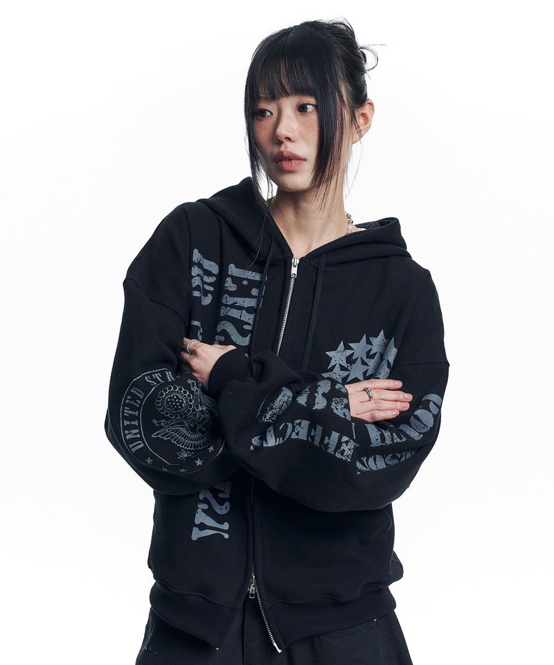 Marine Crack Print Hooded Zip-Up - Black