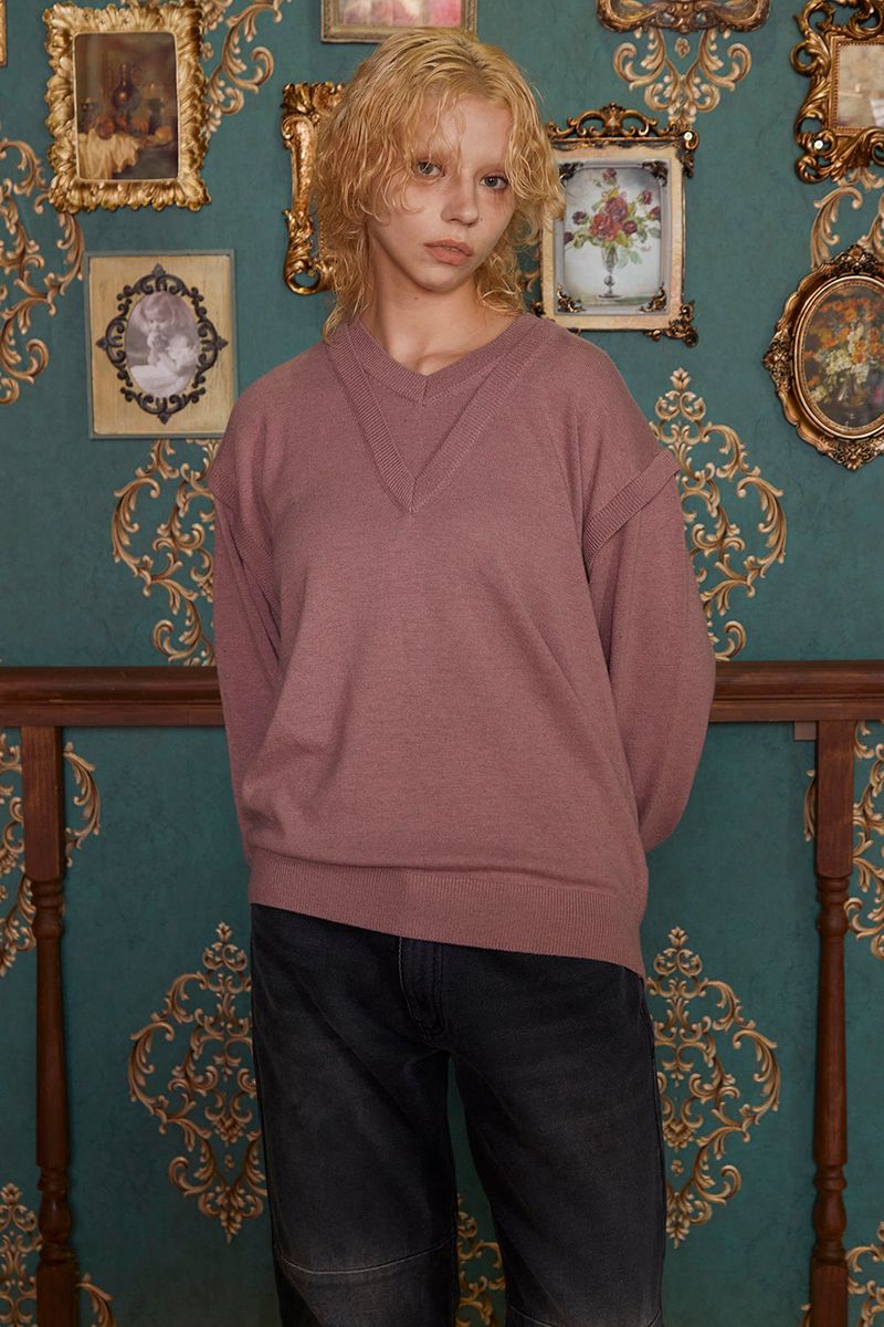 LAYERED V NECK KNIT / INDI PINK