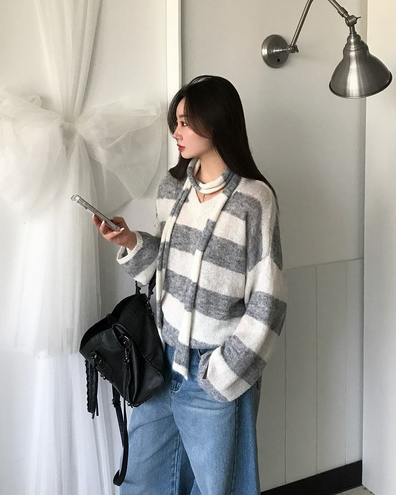 [ORIGINAL] LACKUN Striped Muffler Knit Set