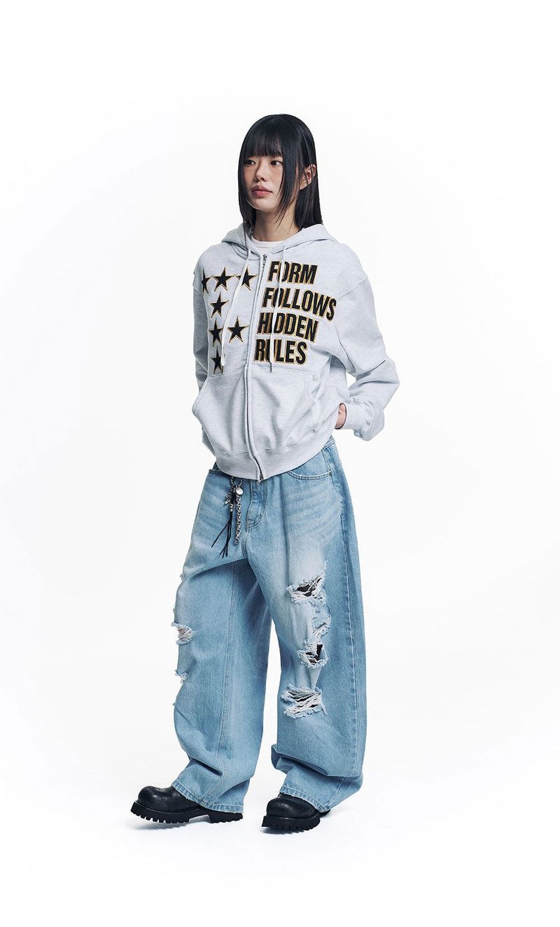Star Lettering Patch Hoodie Zip-Up - White