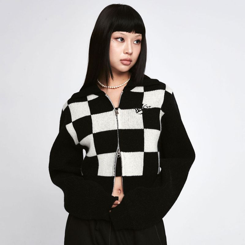 Wool Checkerboard Knit Zip-up  [2 Color]