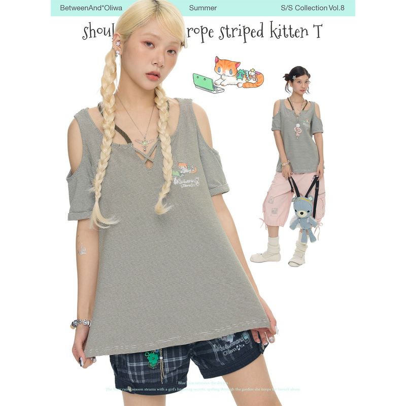 BETWEENAND（ビトゥウィーンアンド）の「BETWEENANDxOliwa Summer retro green striped knit rope patterned cat T-shirt, short-sleeved shirt that helps conceal body contours（Tops）」