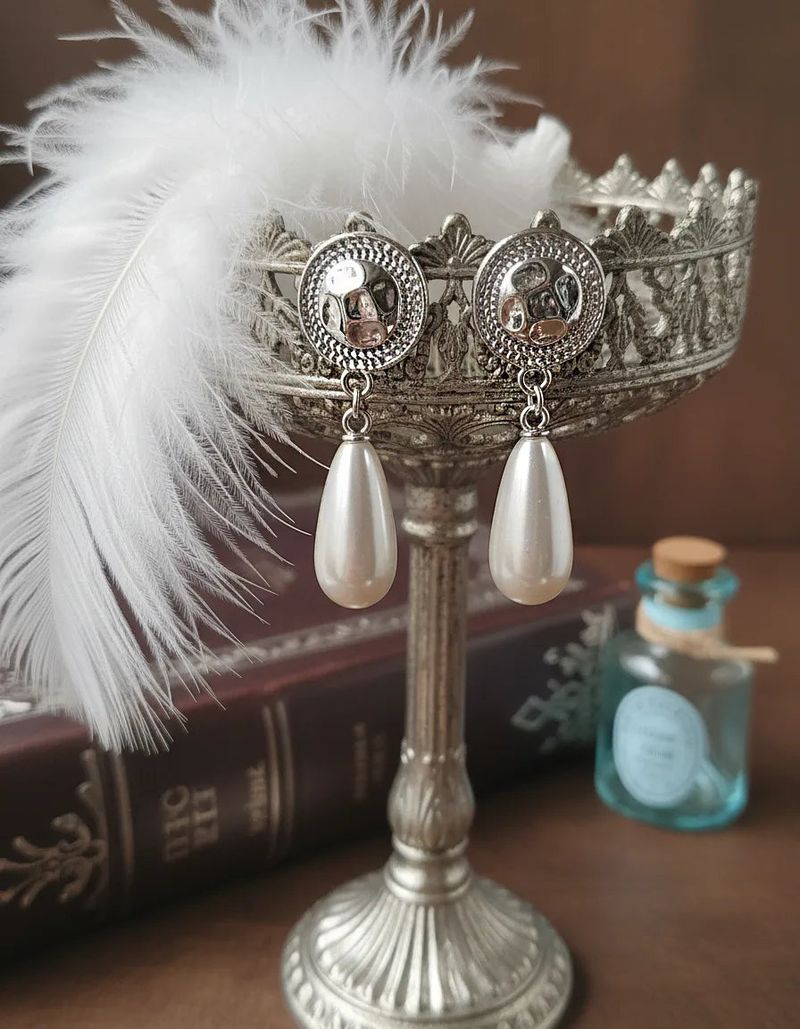 Ethnic Button and Long Pearl Earrings - Silver Color