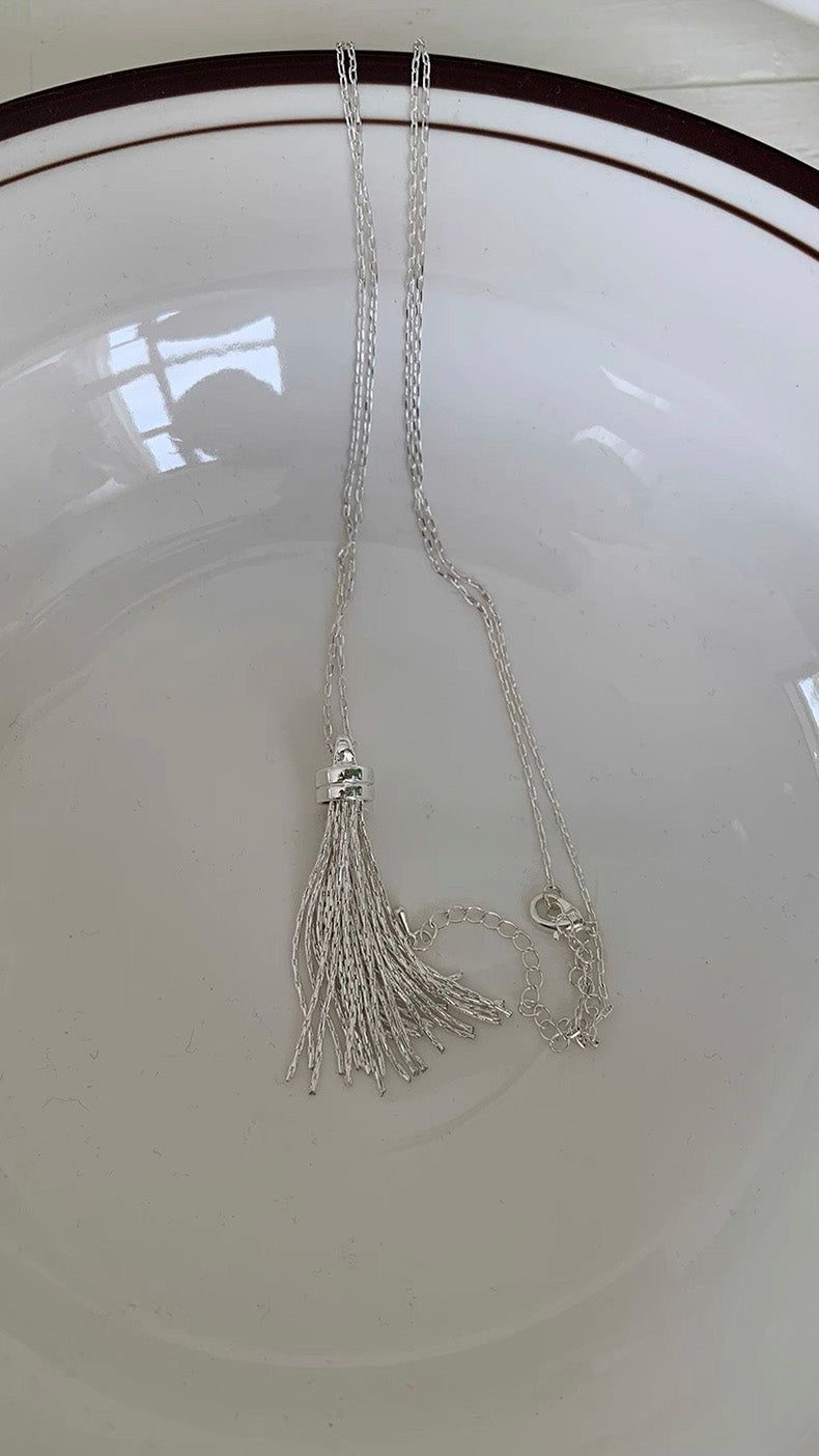 Silver tassel long layered necklace