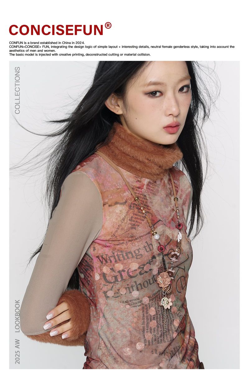 CONFUN original floral orange printed fur patchwork high-neck mesh base