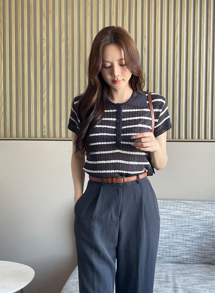 Seden Stripe Half-Button Collar Cool Knit